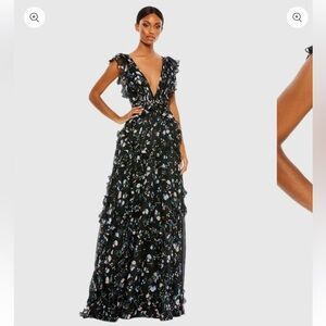 Mac Duggal Black Multicolor Ruffled Floral Print Cap Sleeve Gown